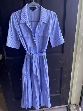 Zara Blue and White Striped Midi Shirt Dress with Tie Waist